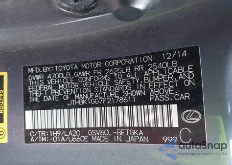 2015 Lexus Es 350 z USA, uszkodzony, nr VIN JTHBK1GG7F2178611